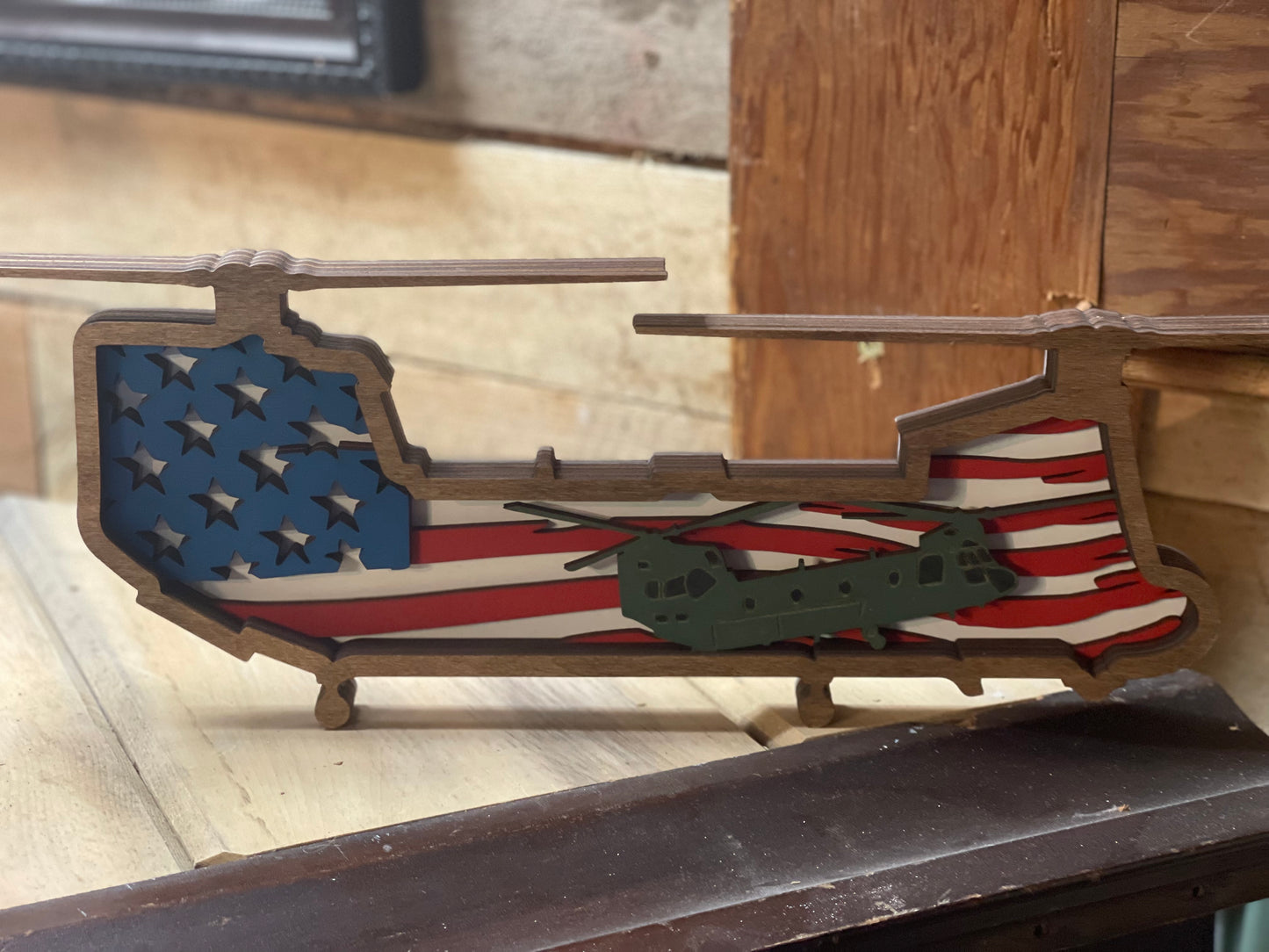 Handpainted CH-47 Chinook Helicopter Wall Art — Stacked American Flag Design