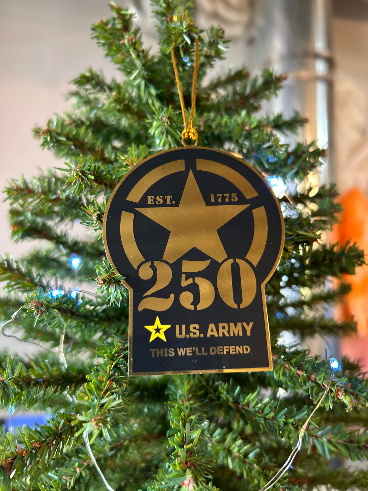 U.S. Army 250th anniversary Christmas ornament, black and gold with Army star, EST. 1775 and This We'll Defend motto